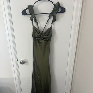 Lulus Exuberant Luxury Olive Green Satin Ruffled Lace-Up Maxi Dress